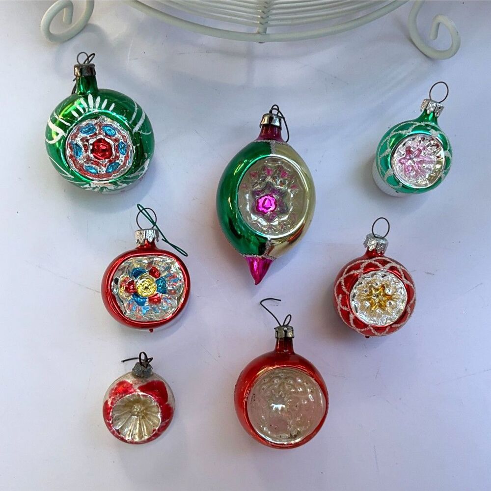 Vintage indented Christmas ornaments red and green balls assorted sizes